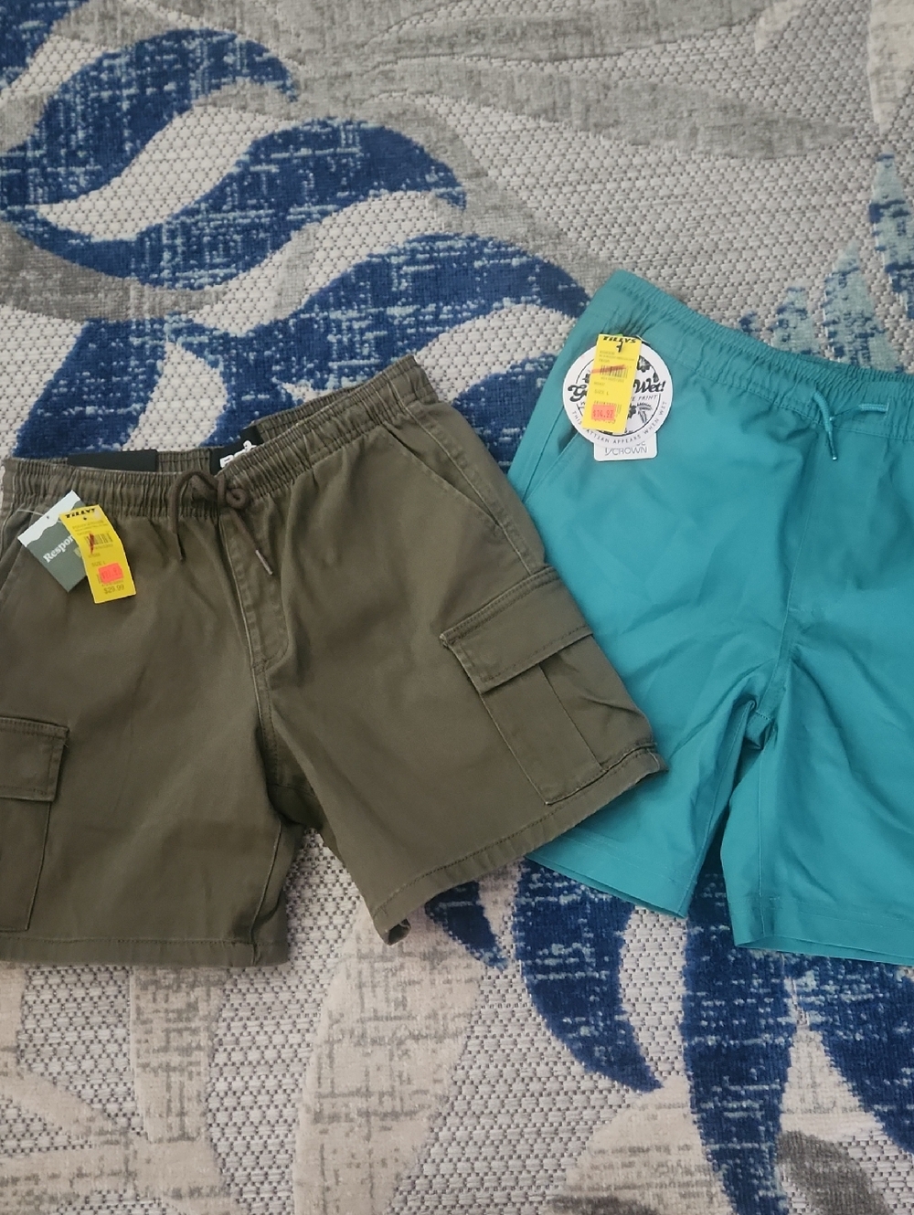 Boys Sz. Large Kids Olive Green Cargo Shorts + Teal Swim Shorts pattern When Wet